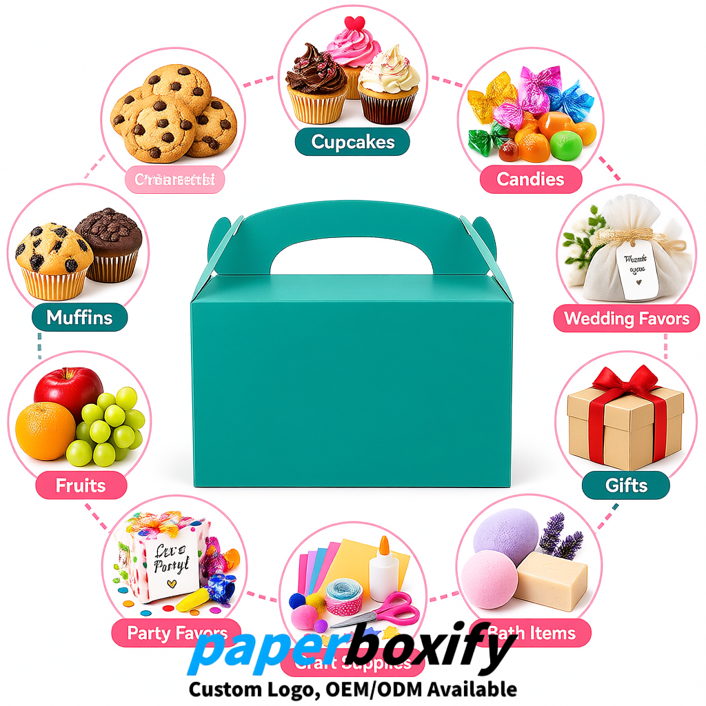 Teal Gable Boxes with Handles 6.22x3.35x3.62 inch Kraft Paper Party Favors Boxes in Bulk