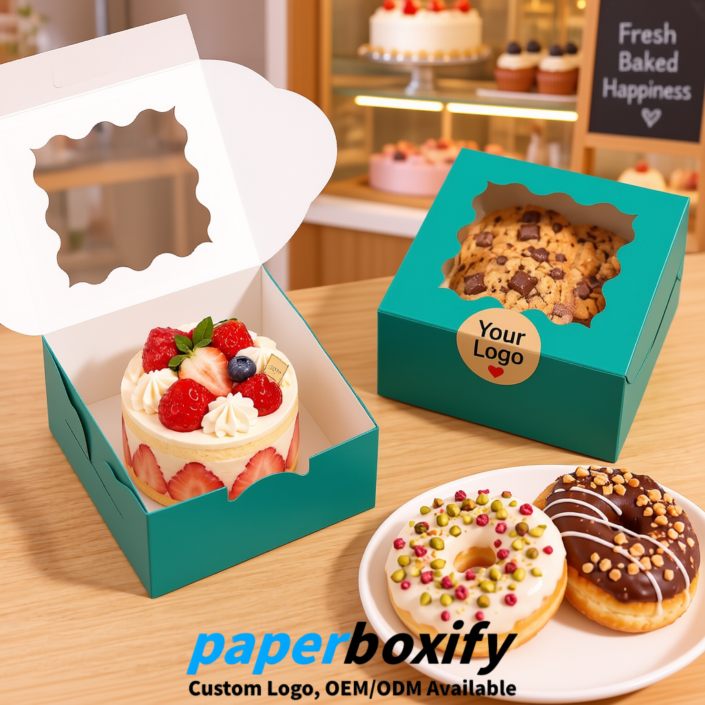 Teal Paper Cookie Boxes with Window and Stickers 4x4x2.5 inch