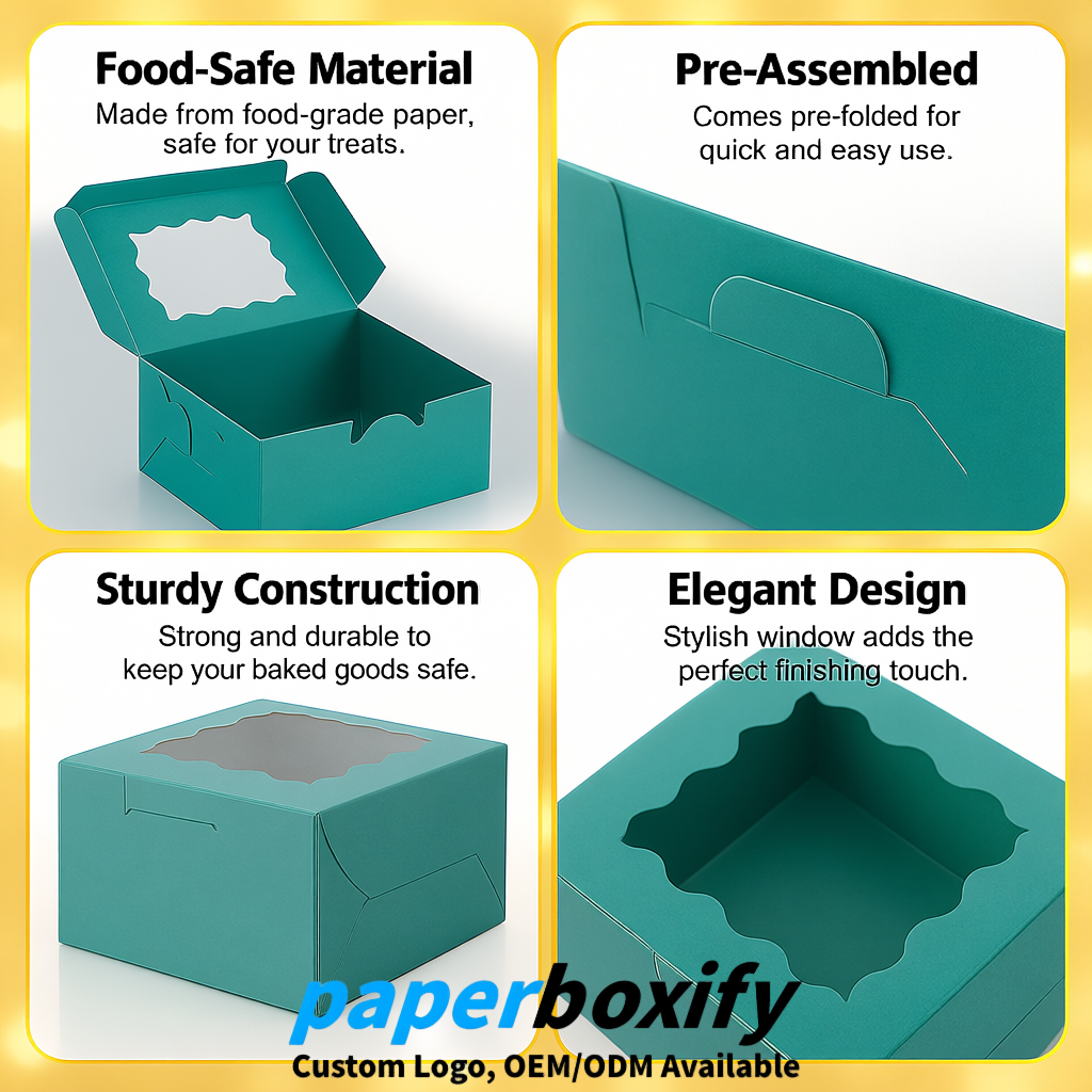 Teal Paper Cookie Boxes with Window and Stickers 4x4x2.5 inch