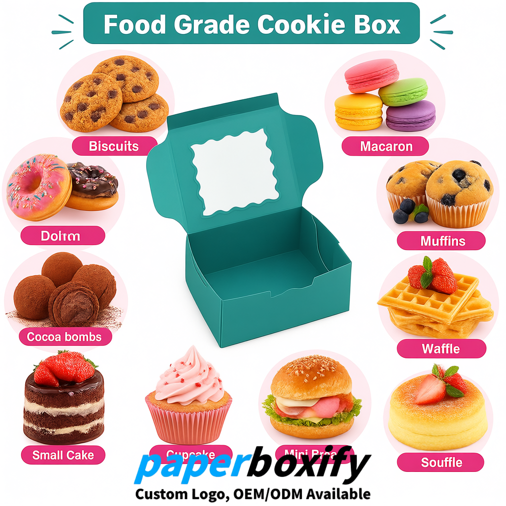 Teal Paper Cookie Boxes with Window and Stickers 4x4x2.5 inch