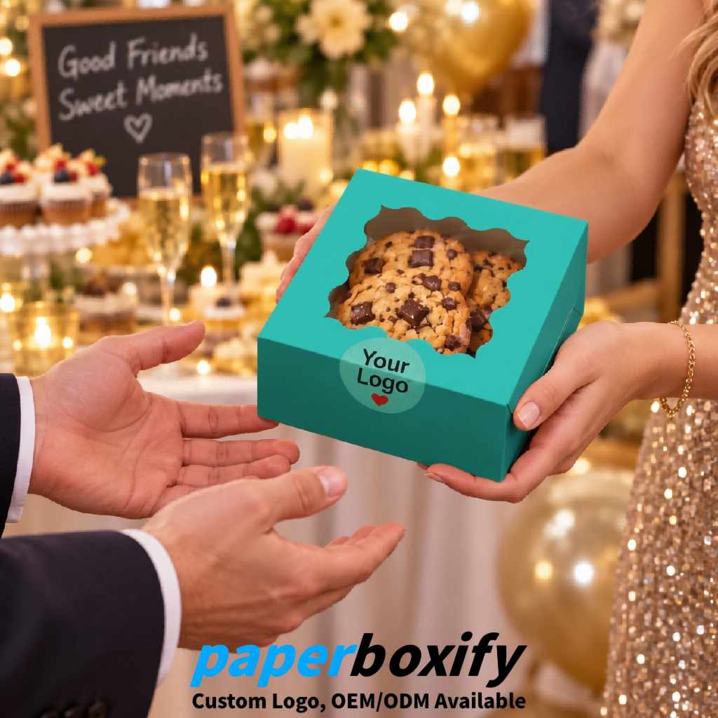 Teal Paper Cookie Boxes with Window and Stickers 4x4x2.5 inch