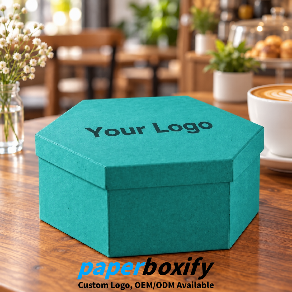 Teal Paper Hexagon Box with Lid - Biodegrade Paper Mache Gift Boxes Manufacturer