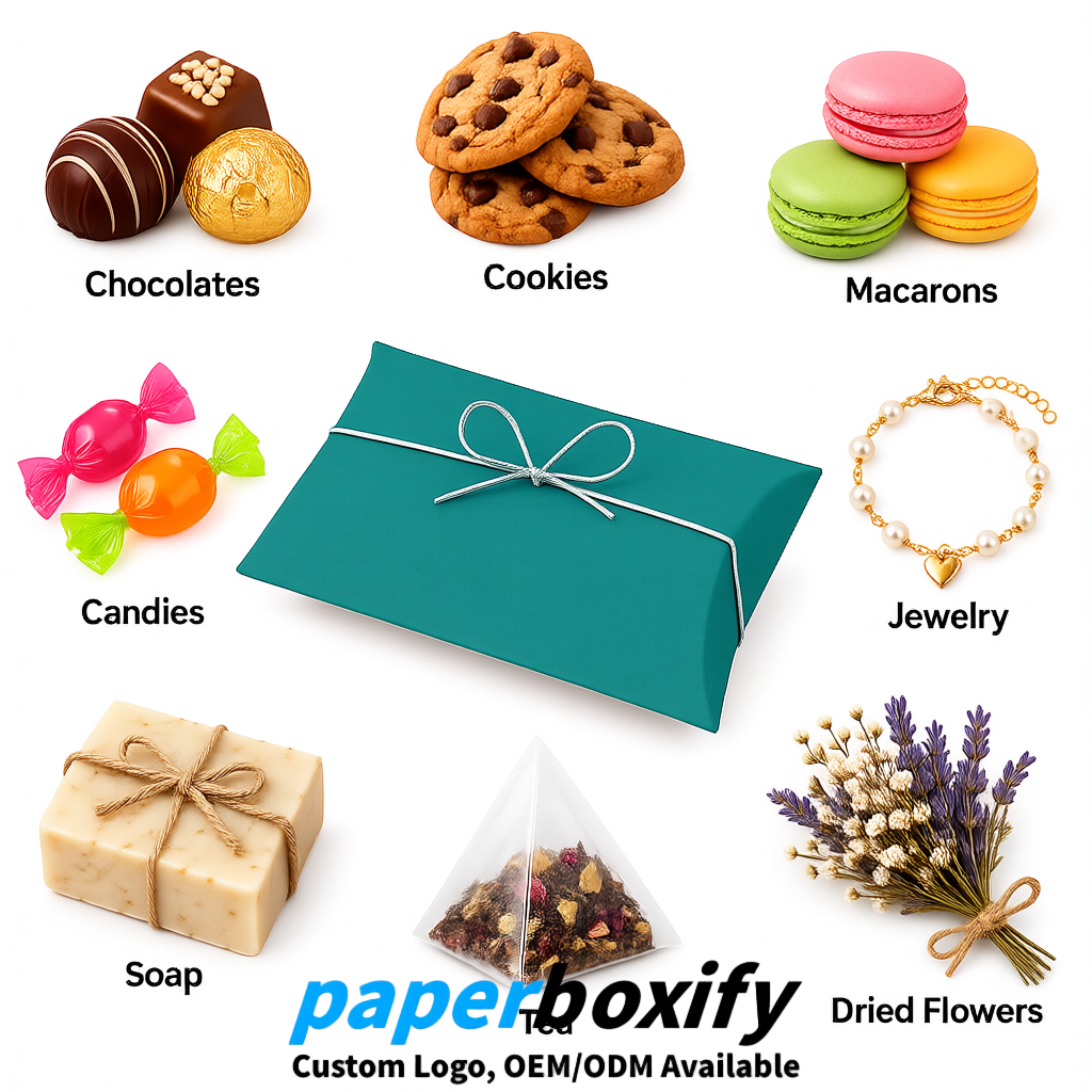 Bulk Teal Kraft Pillow Gift Boxes with Ties 4.7x3x1 inch for Candy & Favors