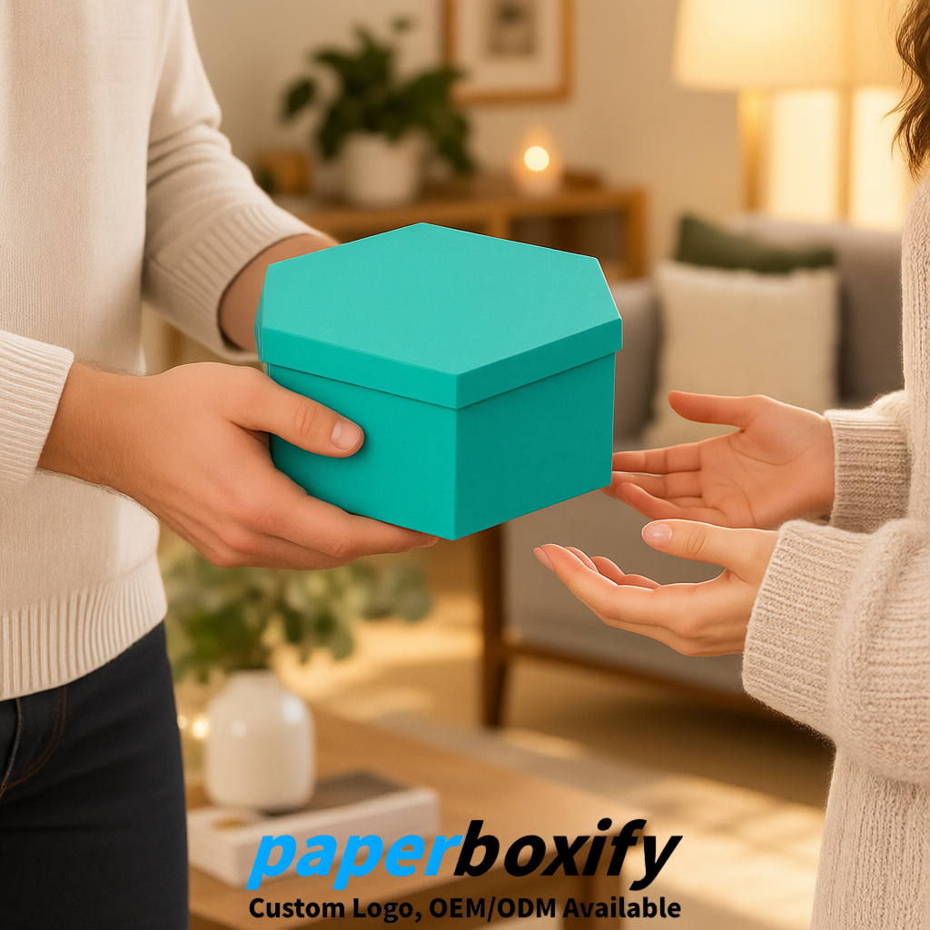 Turquoise Paper Hexagon Box with Lid - Biodegrade Paper Mache Gift Boxes Manufacturer