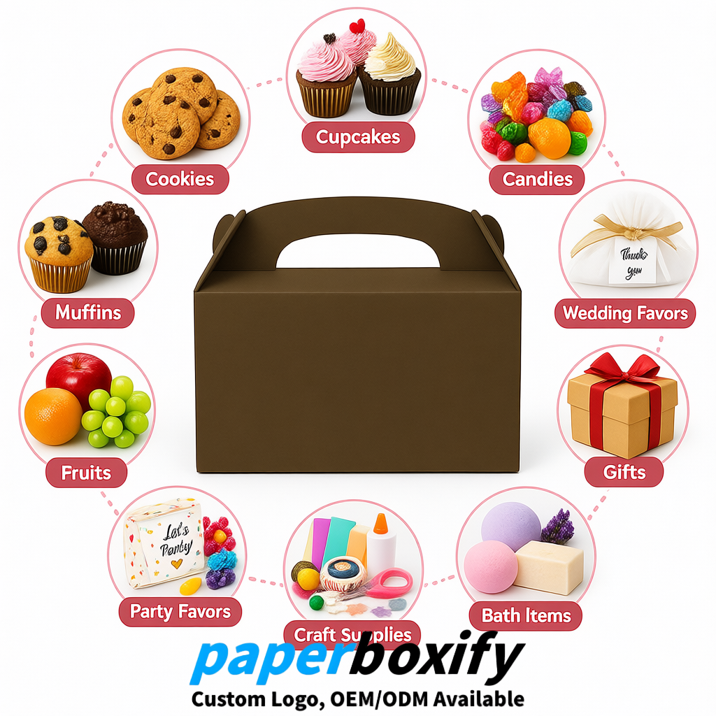Umber Gable Boxes with Handles 6.22x3.35x3.62 inch Kraft Paper Party Favors Boxes in Bulk