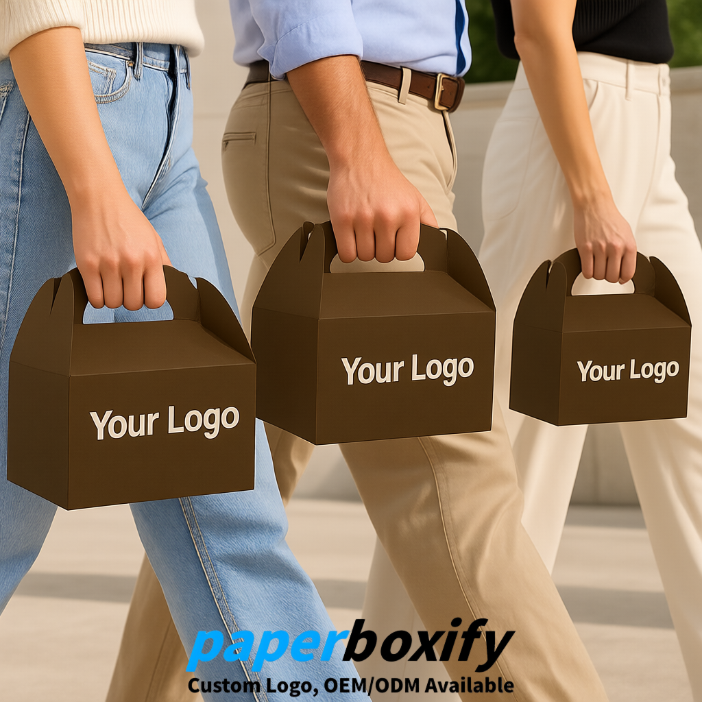 Umber Gable Boxes with Handles 6.22x3.35x3.62 inch Kraft Paper Party Favors Boxes in Bulk