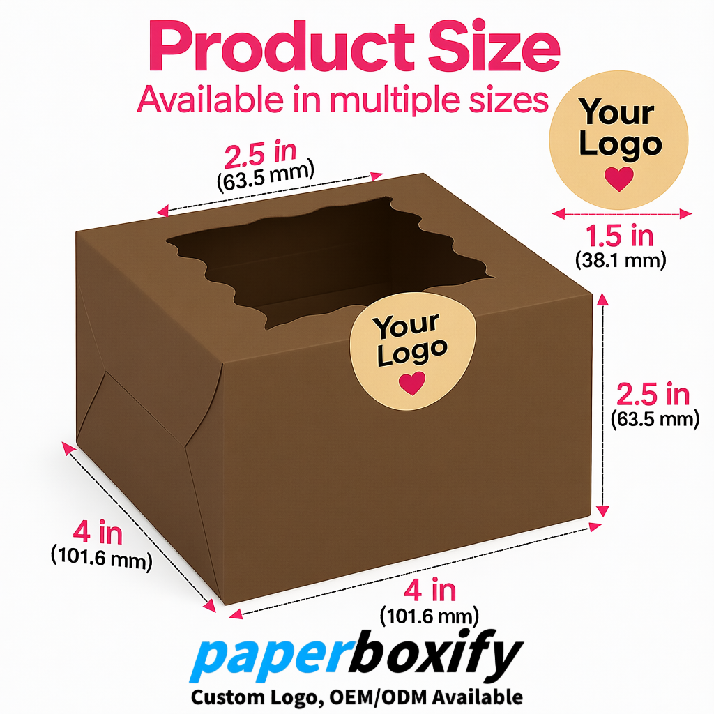 Umber Paper Cookie Boxes with Window and Stickers 4x4x2.5 inch