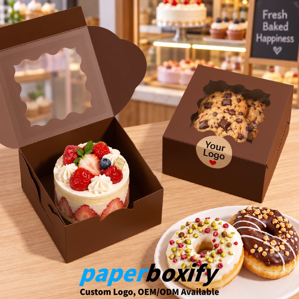 Umber Paper Cookie Boxes with Window and Stickers 4x4x2.5 inch