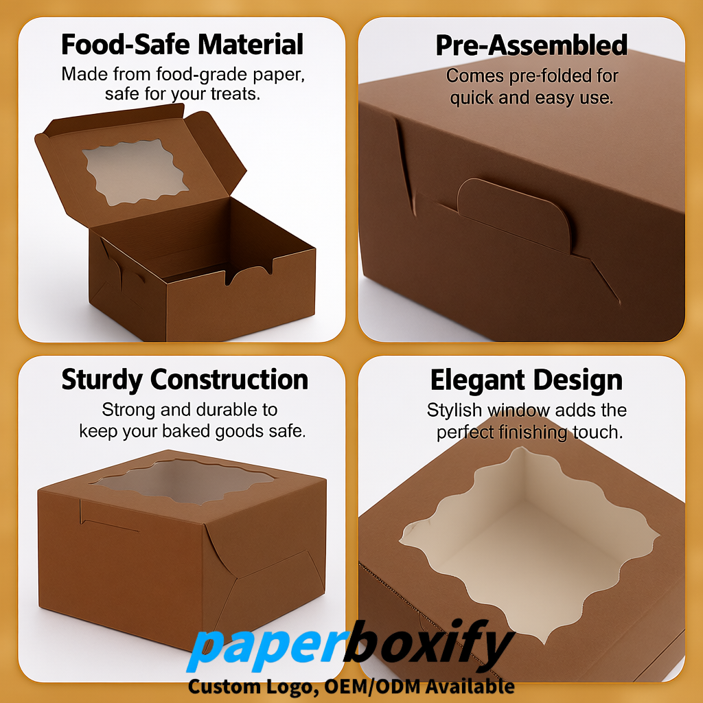 Umber Paper Cookie Boxes with Window and Stickers 4x4x2.5 inch