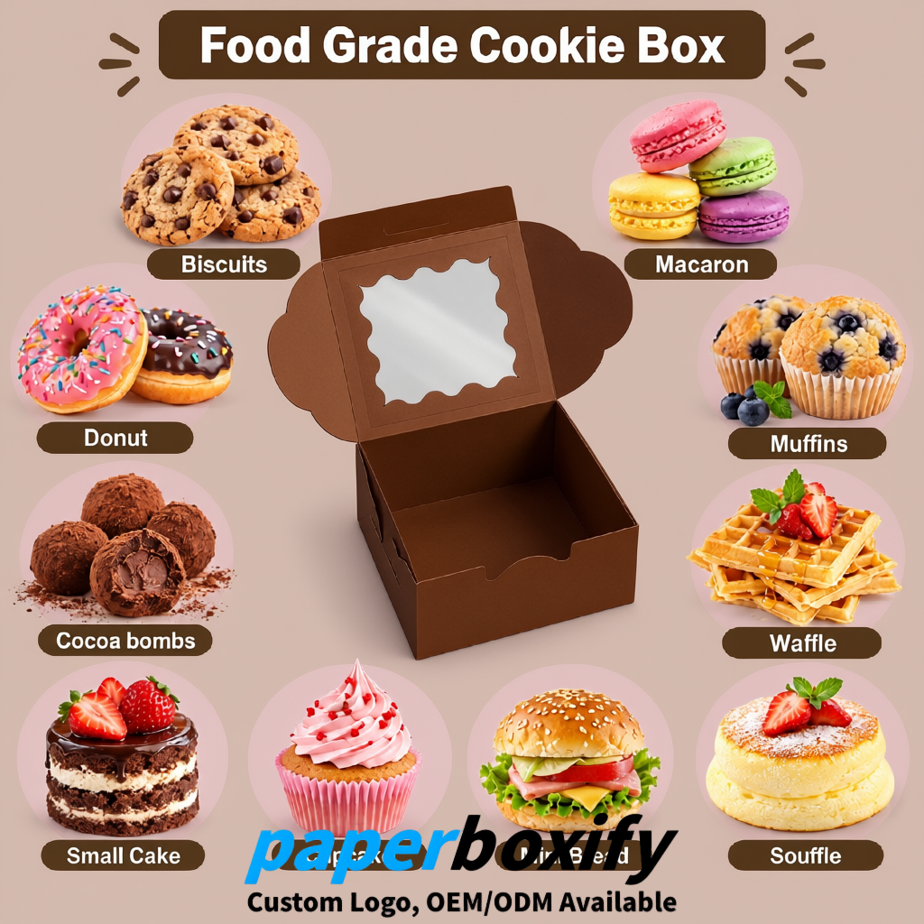 Umber Paper Cookie Boxes with Window and Stickers 4x4x2.5 inch