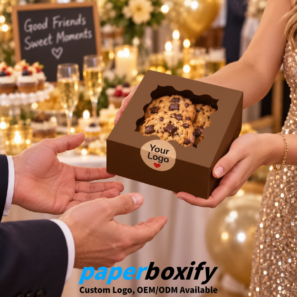 Umber Paper Cookie Boxes with Window and Stickers 4x4x2.5 inch