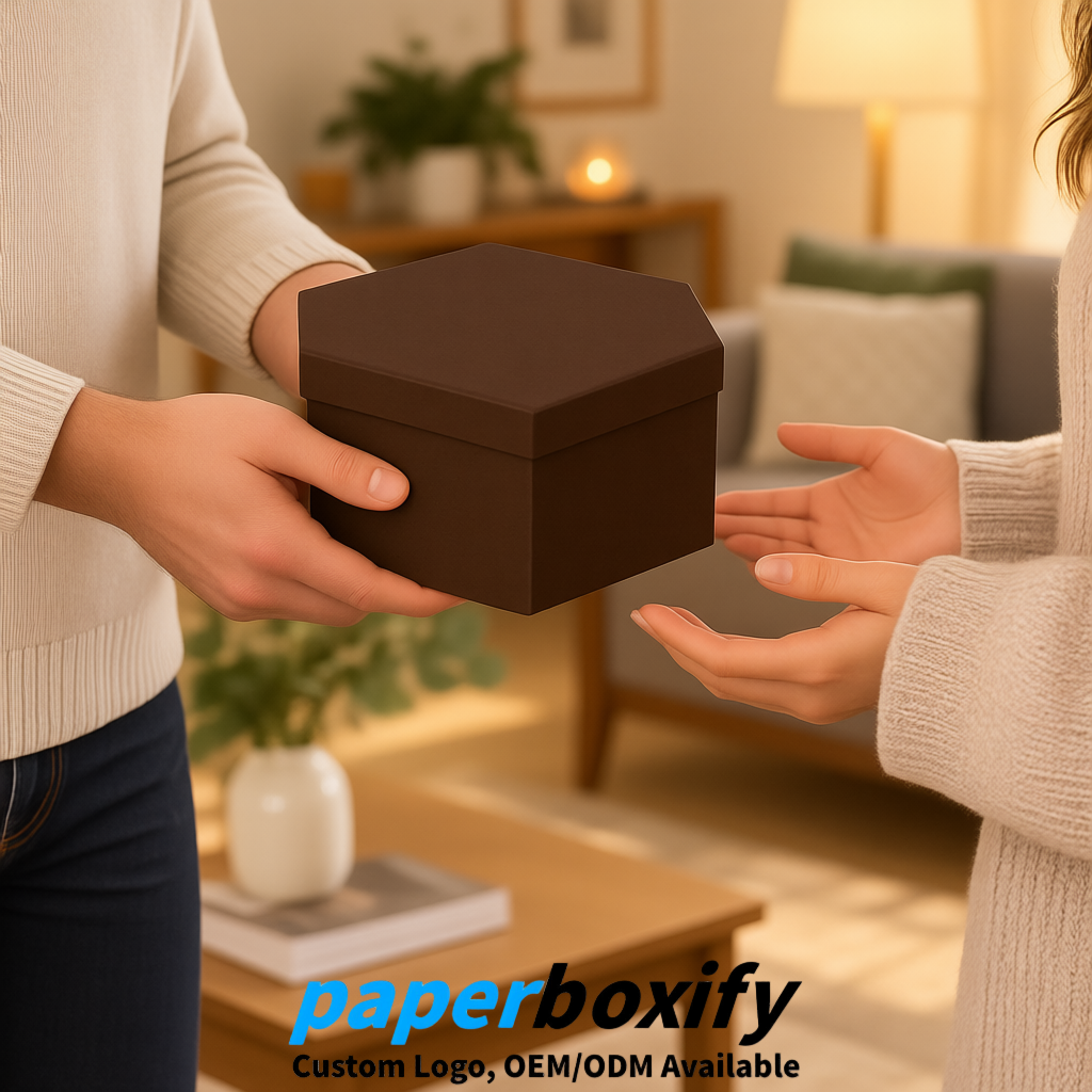 Umber Paper Hexagon Box with Lid - Biodegrade Paper Mache Gift Boxes Manufacturer