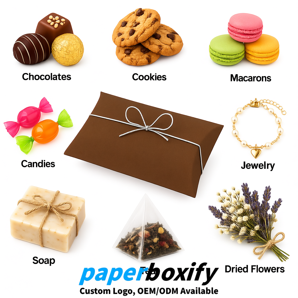 Bulk Umber Kraft Pillow Gift Boxes with Ties 4.7x3x1 inch for Candy & Favors