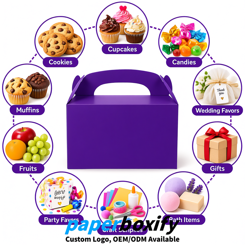 Violet Gable Boxes with Handles 6.22x3.35x3.62 inch Kraft Paper Party Favors Boxes in Bulk