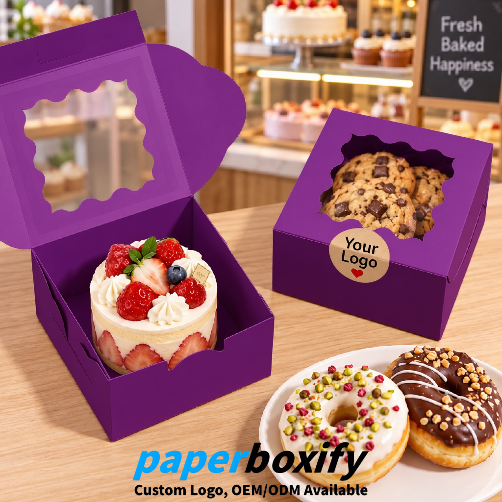 Violet Paper Cookie Boxes with Window and Stickers 4x4x2.5 inch
