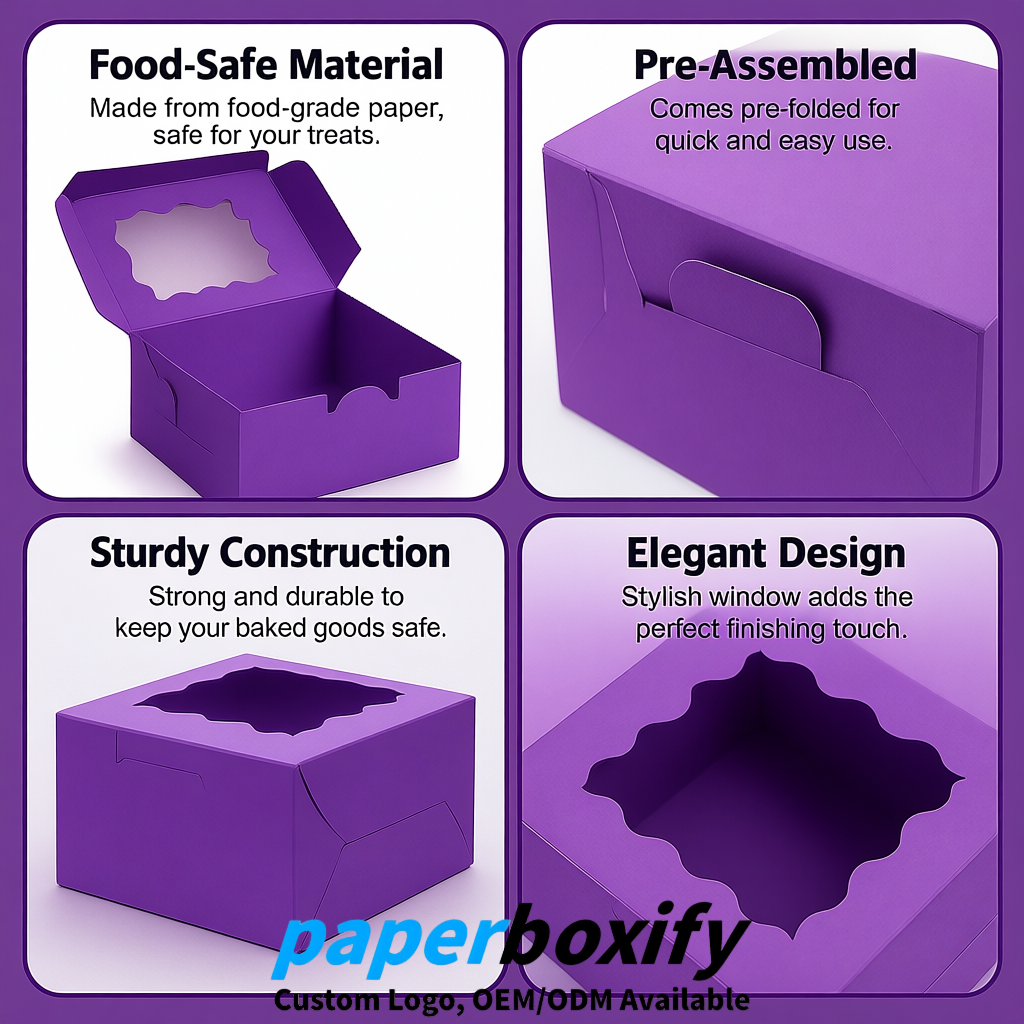 Violet Paper Cookie Boxes with Window and Stickers 4x4x2.5 inch