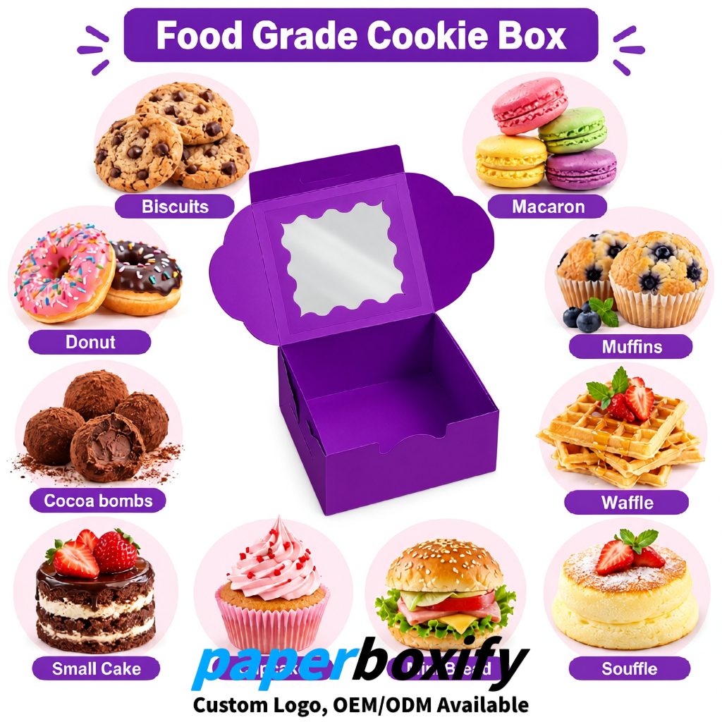 Violet Paper Cookie Boxes with Window and Stickers 4x4x2.5 inch