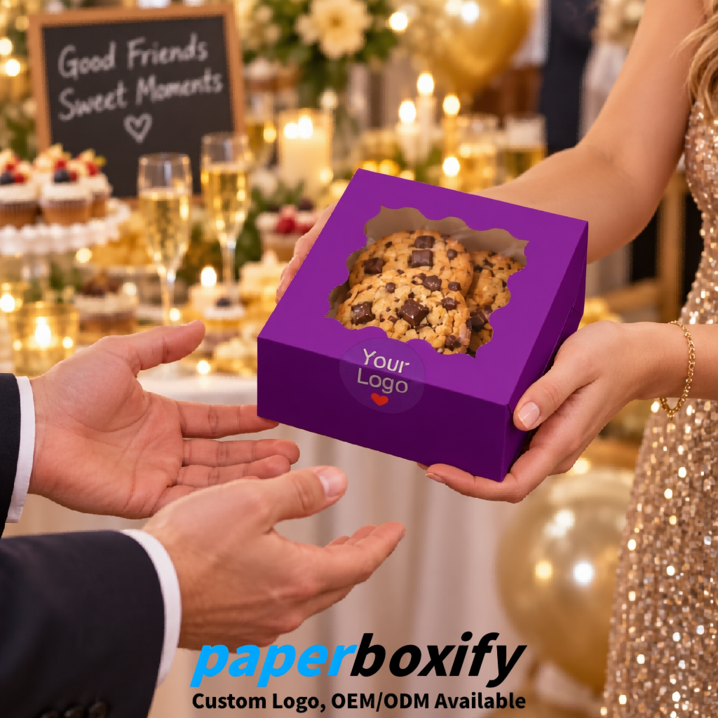 Violet Paper Cookie Boxes with Window and Stickers 4x4x2.5 inch