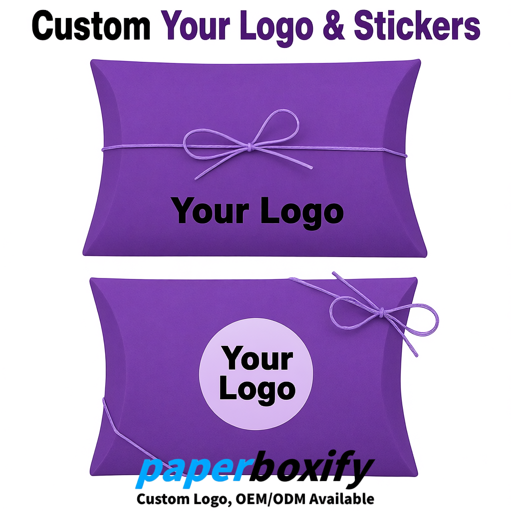 Bulk Violet Kraft Pillow Gift Boxes with Ties 4.7x3x1 inch for Candy & Favors