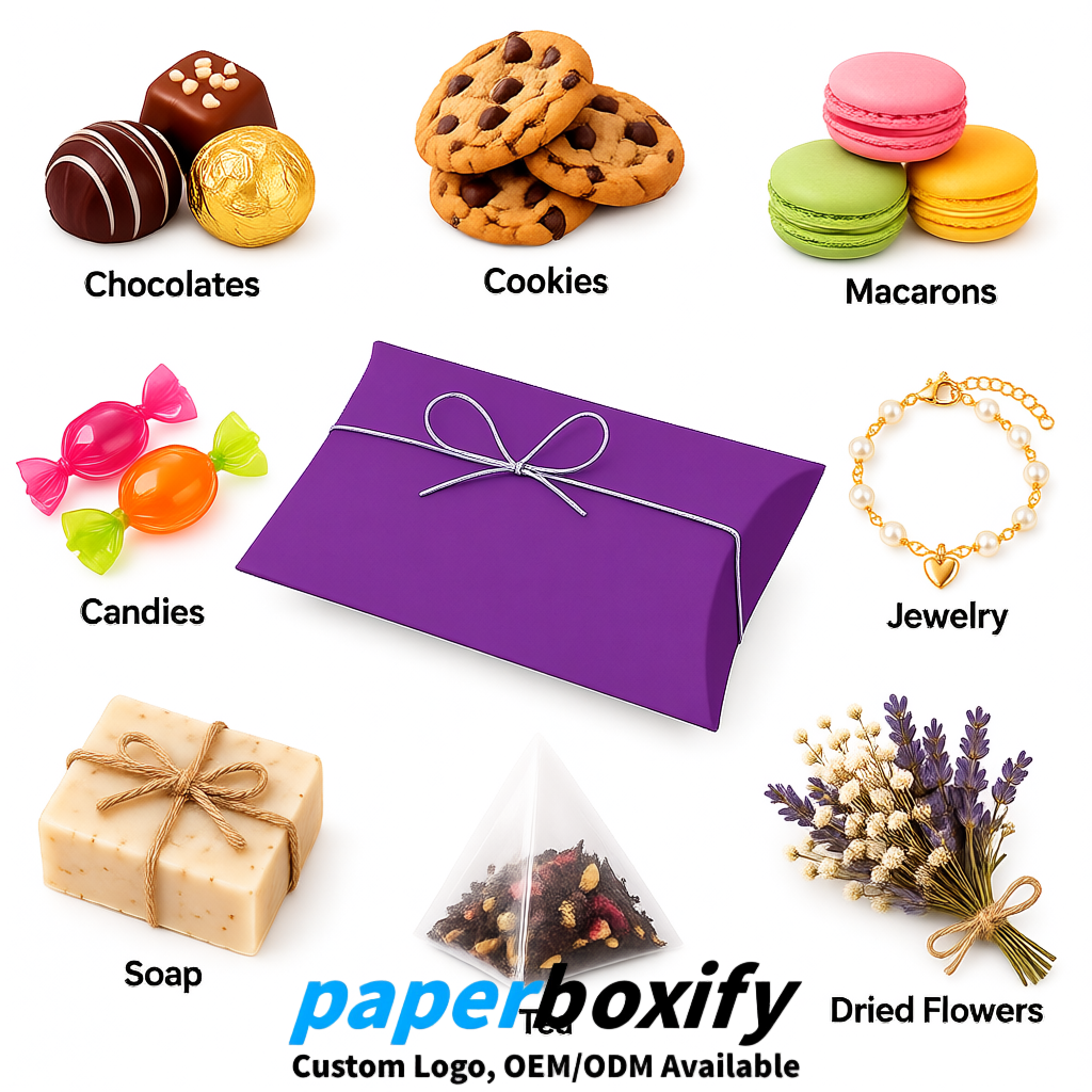 Bulk Violet Kraft Pillow Gift Boxes with Ties 4.7x3x1 inch for Candy & Favors