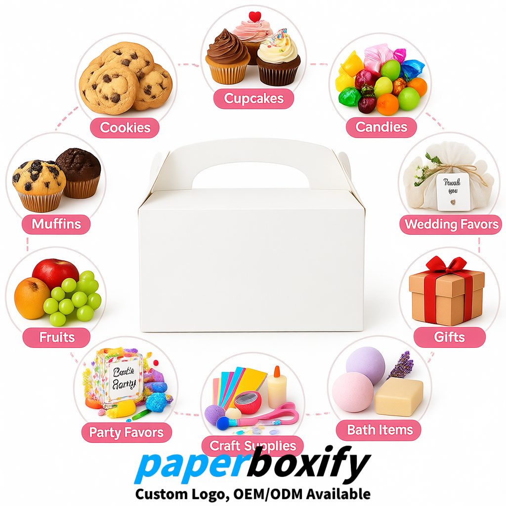 White Gable Boxes with Handles 6.22x3.35x3.62 inch Kraft Paper Party Favors Boxes in Bulk