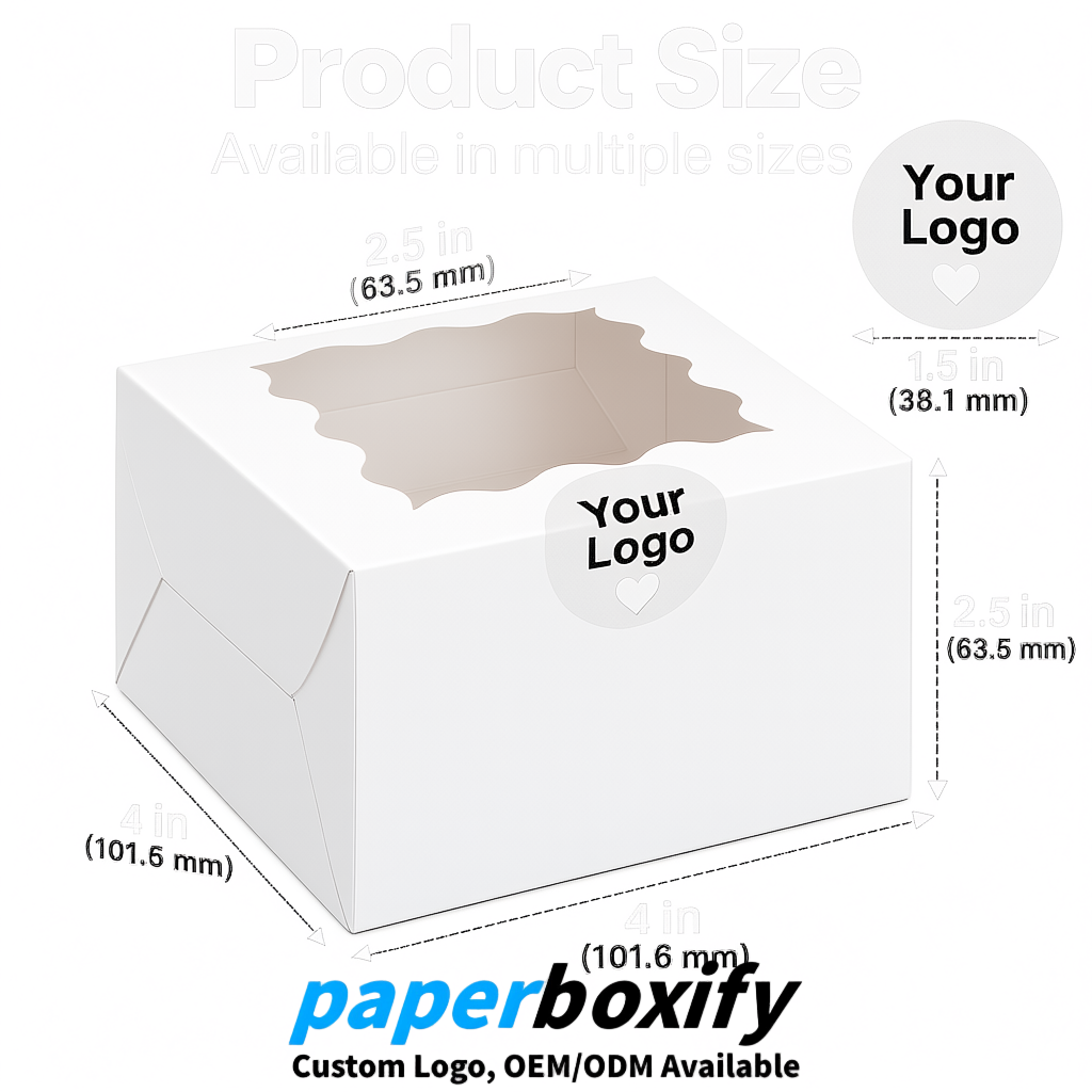 White Paper Cookie Boxes with Window and Stickers 4x4x2.5 inch