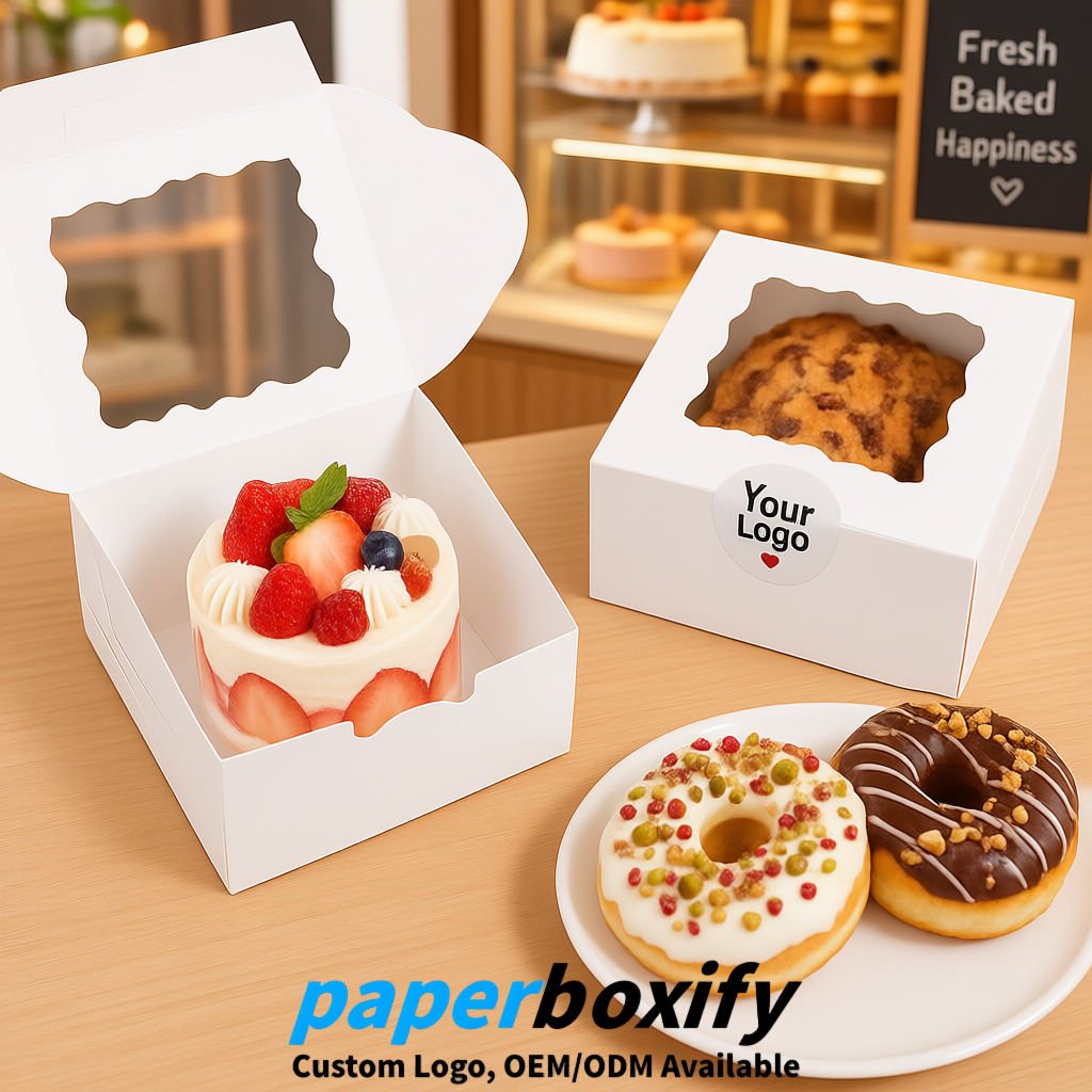 White Paper Cookie Boxes with Window and Stickers 4x4x2.5 inch