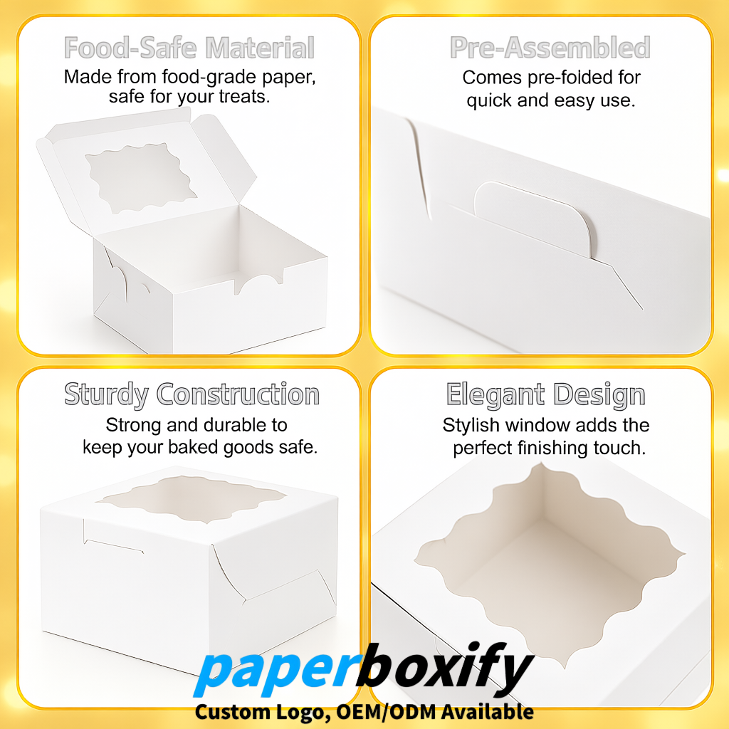 White Paper Cookie Boxes with Window and Stickers 4x4x2.5 inch