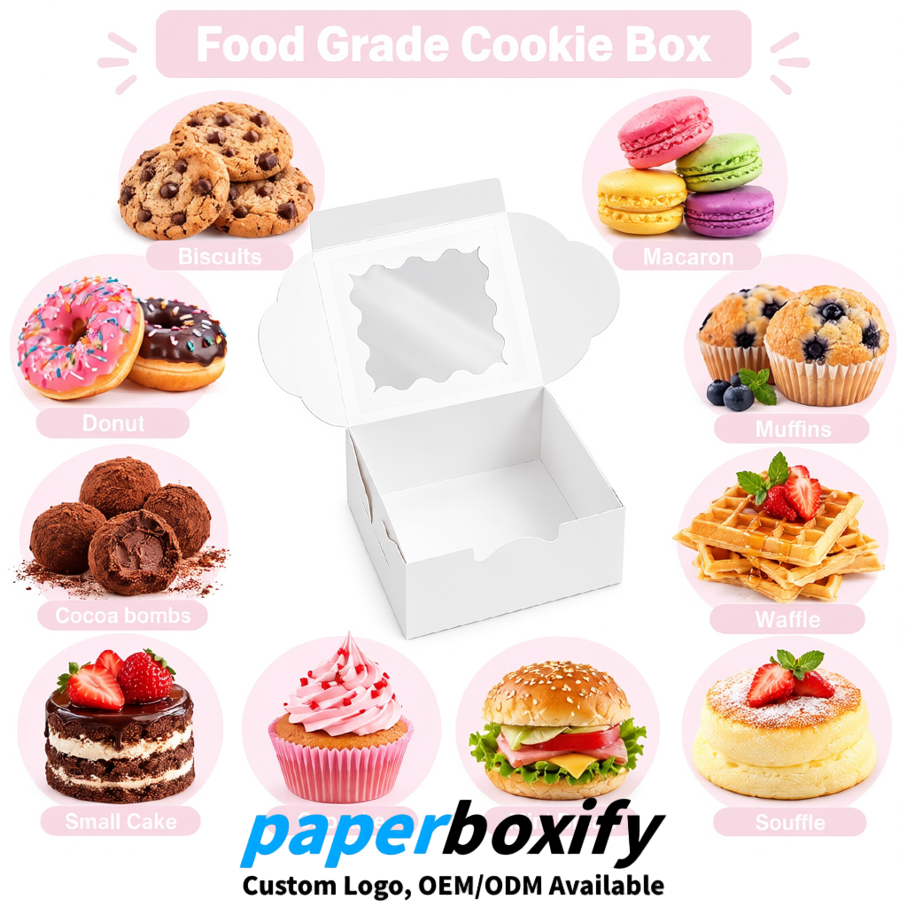 White Paper Cookie Boxes with Window and Stickers 4x4x2.5 inch