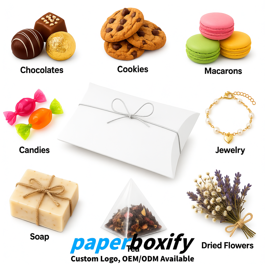 Bulk White Kraft Pillow Gift Boxes with Ties 4.7x3x1 inch for Candy & Favors