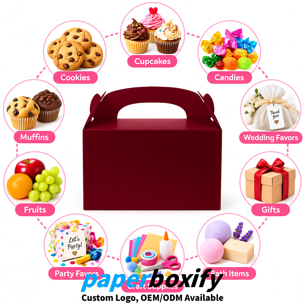 Wine Red Gable Boxes with Handles 6.22x3.35x3.62 inch Kraft Paper Party Favors Boxes in Bulk