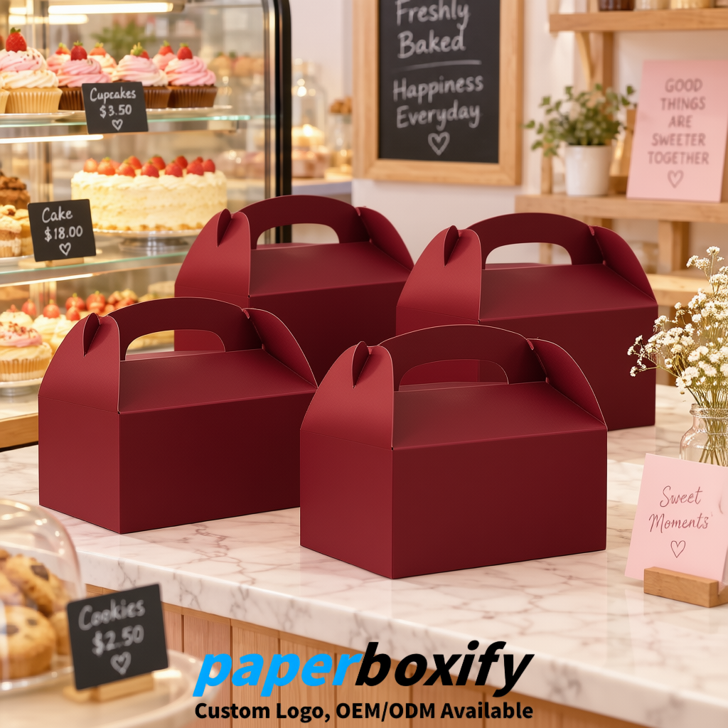 Wine Red Gable Boxes with Handles 6.22x3.35x3.62 inch Kraft Paper Party Favors Boxes in Bulk