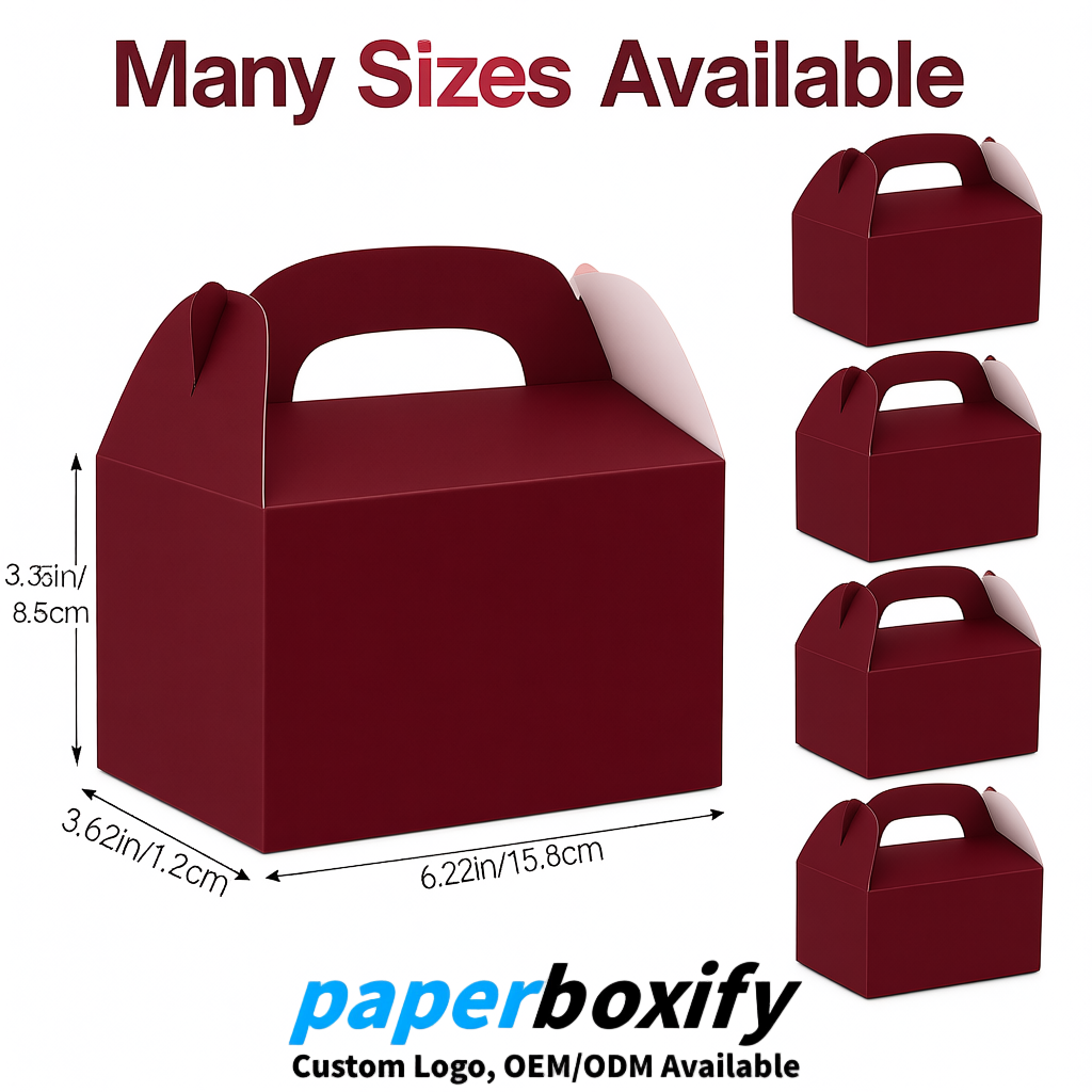Wine Red Gable Boxes with Handles 6.22x3.35x3.62 inch Kraft Paper Party Favors Boxes in Bulk