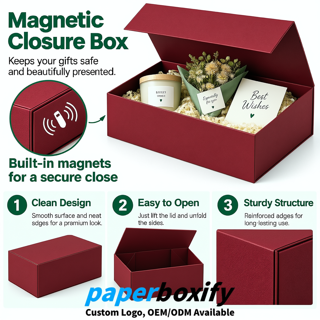 Wine Red Magnetic Closure Gift Box with Ribbon 13.8x9x4.3 inch Luxury Large Storage Box