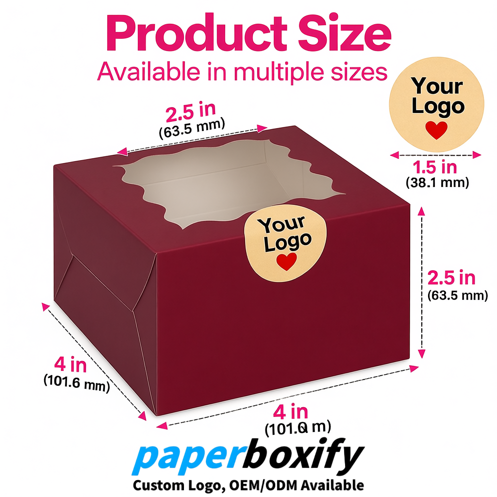 Wine Red Paper Cookie Boxes with Window and Stickers 4x4x2.5 inch