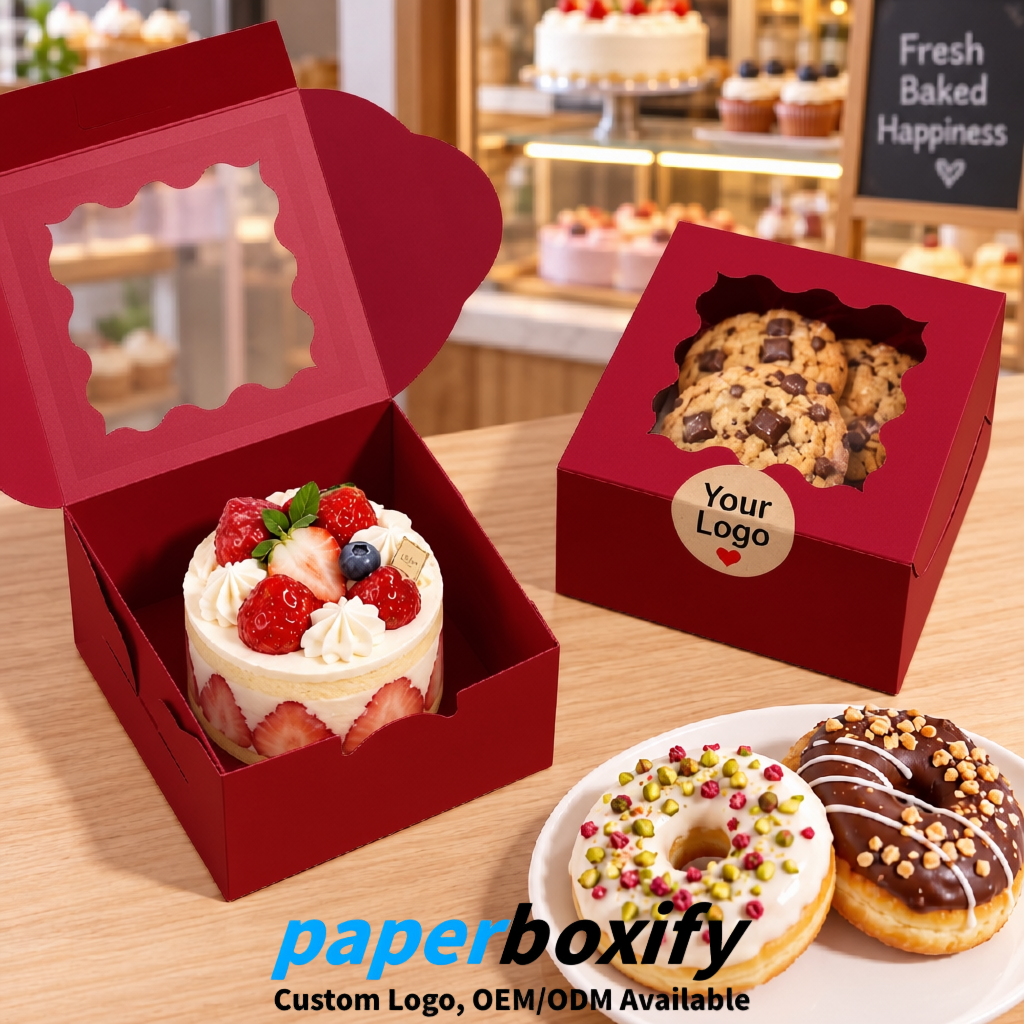 Wine Red Paper Cookie Boxes with Window and Stickers 4x4x2.5 inch
