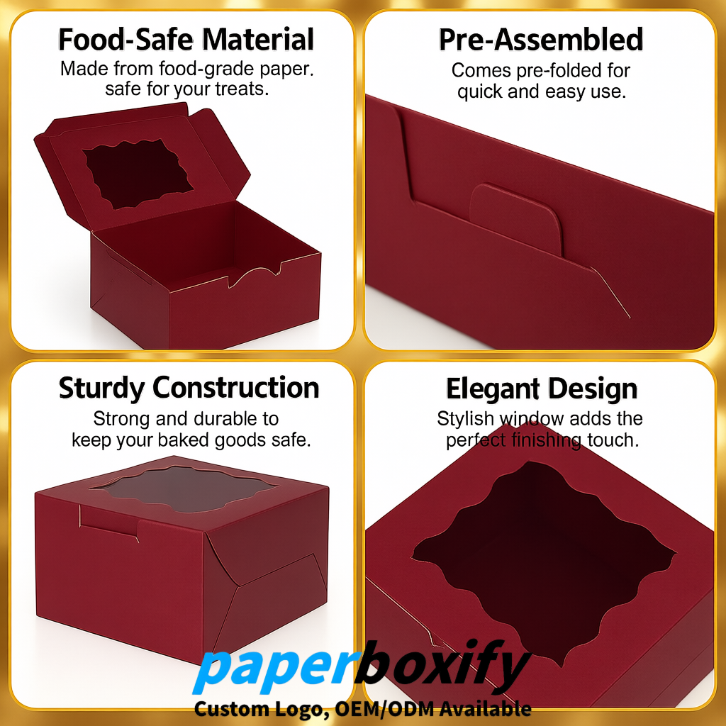 Wine Red Paper Cookie Boxes with Window and Stickers 4x4x2.5 inch