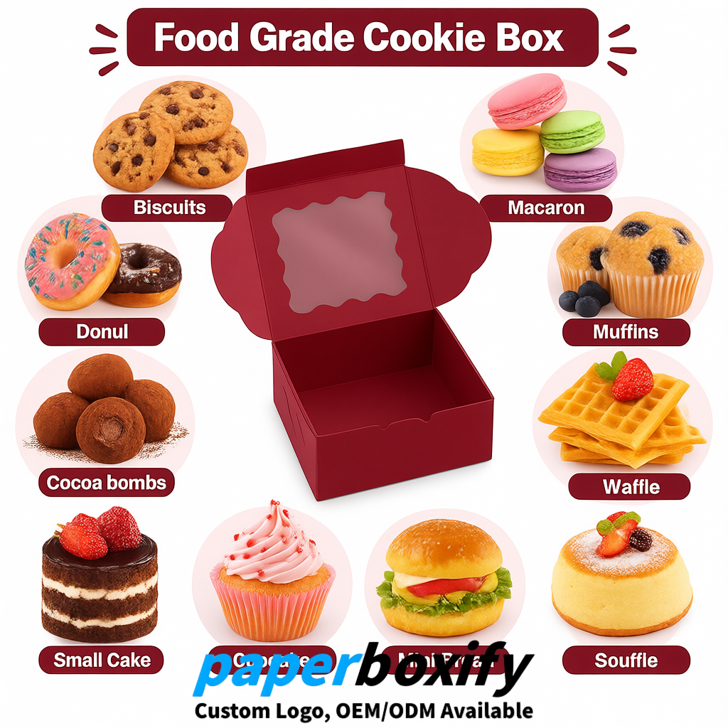 Wine Red Paper Cookie Boxes with Window and Stickers 4x4x2.5 inch