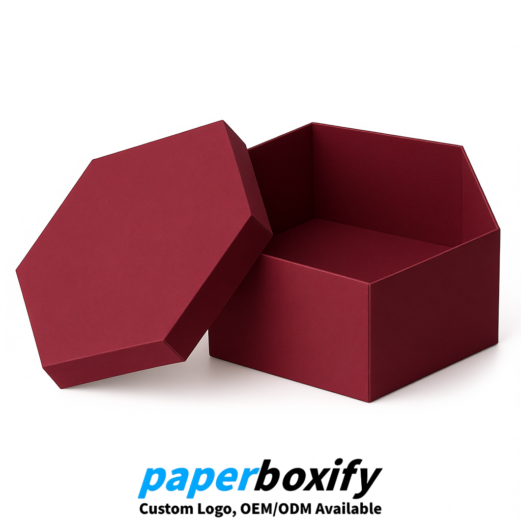 Wine Red Paper Hexagon Box with Lid - Biodegrade Paper Mache Gift Boxes Manufacturer