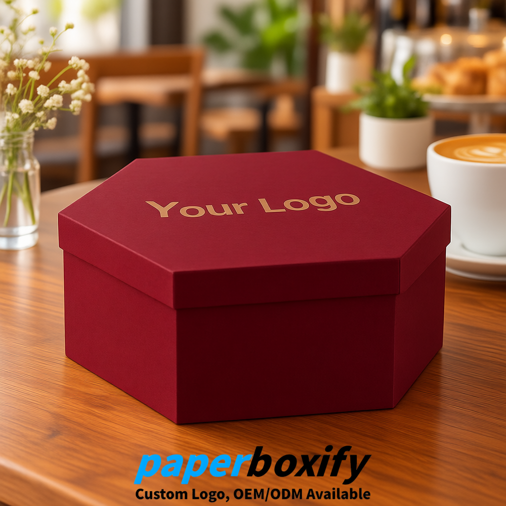 Wine Red Paper Hexagon Box with Lid - Biodegrade Paper Mache Gift Boxes Manufacturer