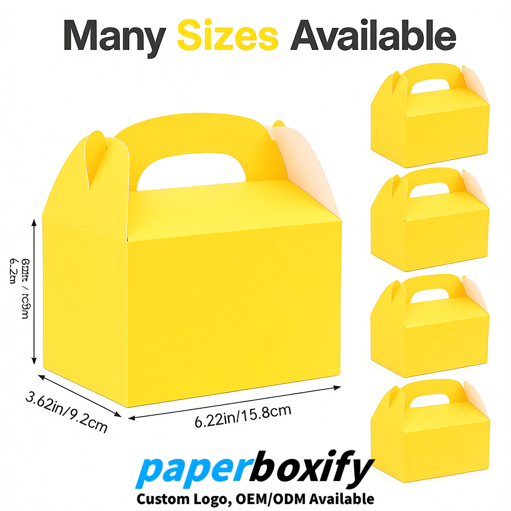 Yellow Gable Boxes with Handles 6.22x3.35x3.62 inch Kraft Paper Party Favors Boxes in Bulk