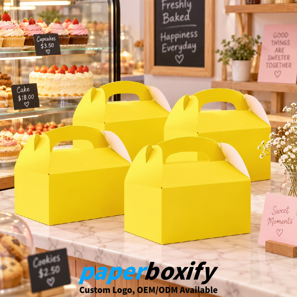 Yellow Gable Boxes with Handles 6.22x3.35x3.62 inch Kraft Paper Party Favors Boxes in Bulk