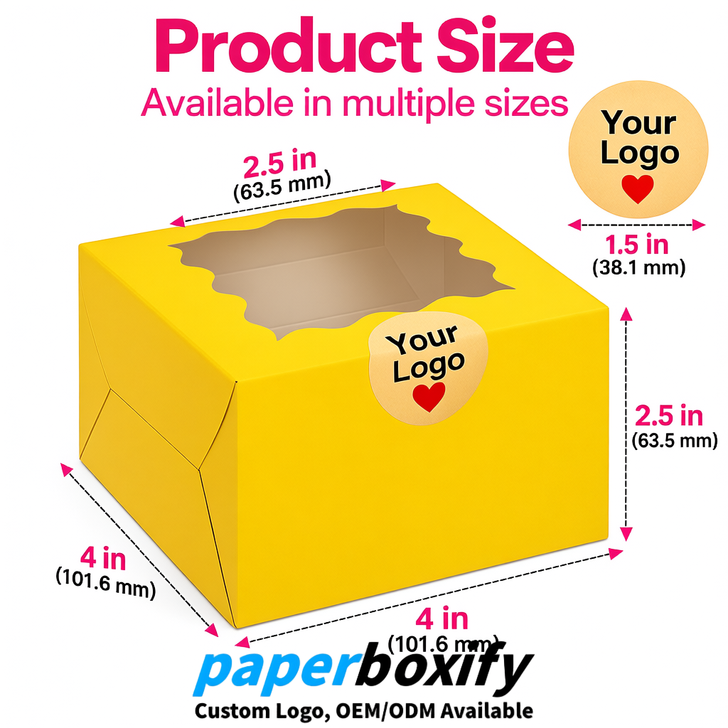 Yellow Paper Cookie Boxes with Window and Stickers 4x4x2.5 inch