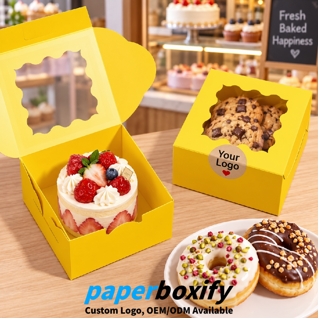 Yellow Paper Cookie Boxes with Window and Stickers 4x4x2.5 inch