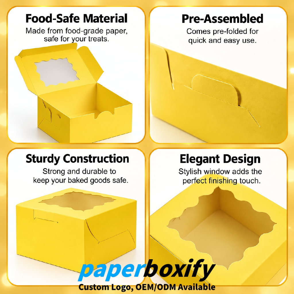 Yellow Paper Cookie Boxes with Window and Stickers 4x4x2.5 inch