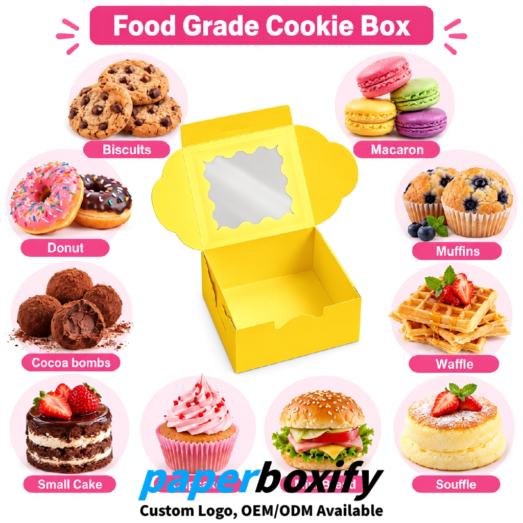 Yellow Paper Cookie Boxes with Window and Stickers 4x4x2.5 inch