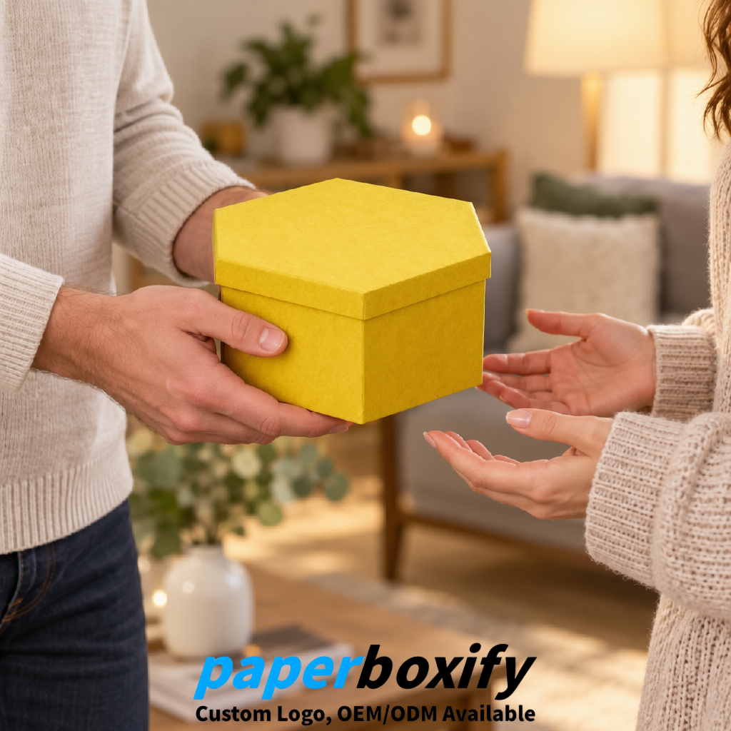 Yellow Paper Hexagon Box with Lid - Biodegrade Paper Mache Gift Boxes Manufacturer