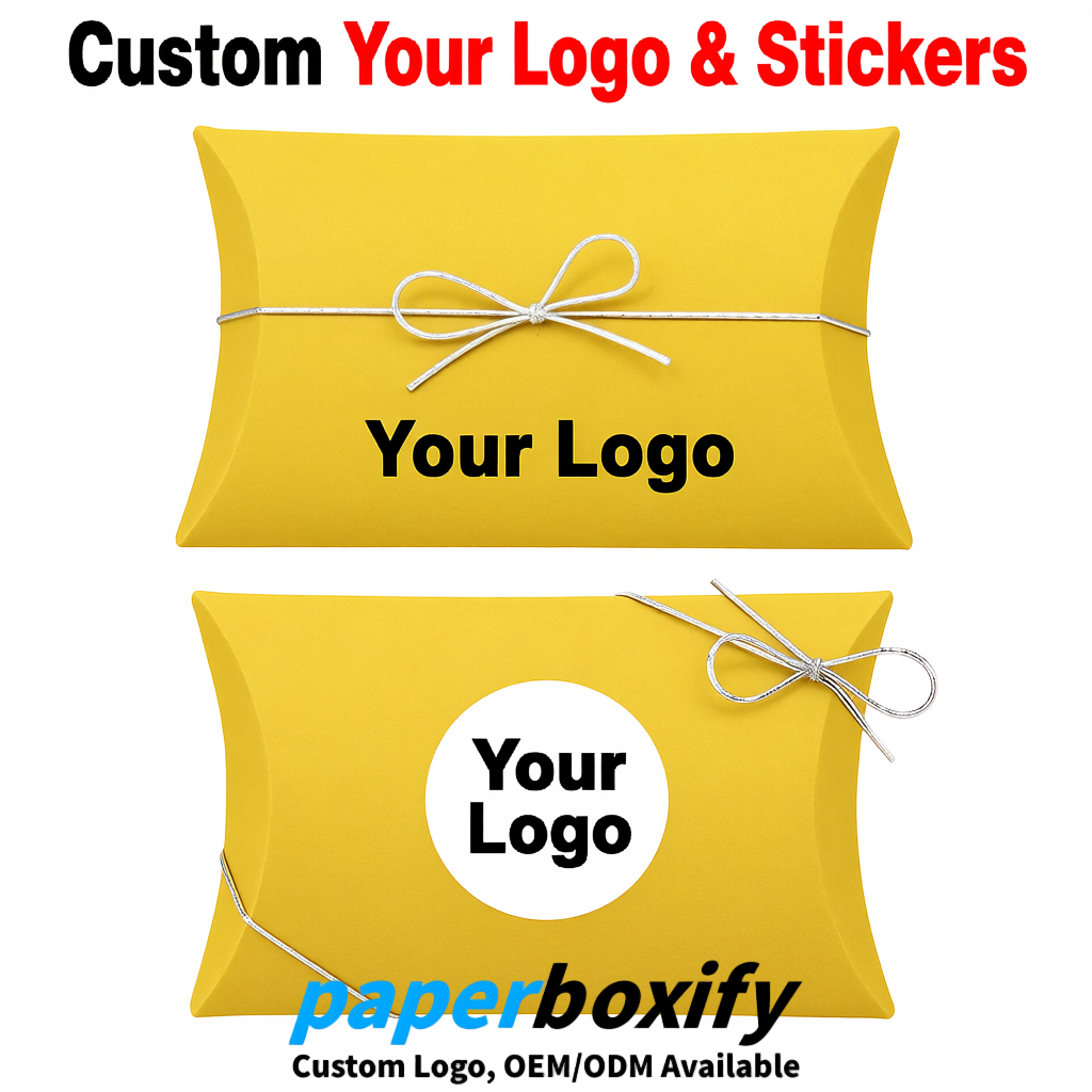 Bulk Yellow Kraft Pillow Gift Boxes with Ties 4.7x3x1 inch for Candy & Favors