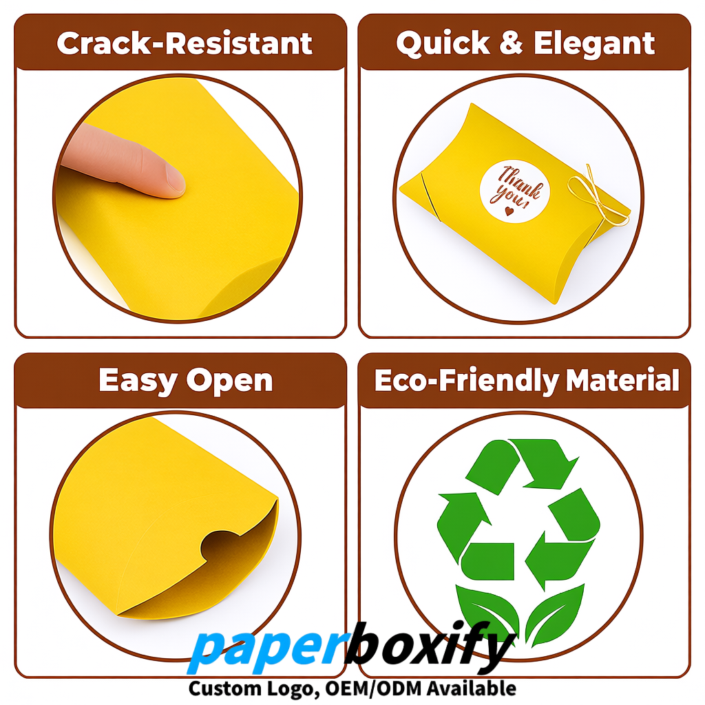 Bulk Yellow Kraft Pillow Gift Boxes with Ties 4.7x3x1 inch for Candy & Favors