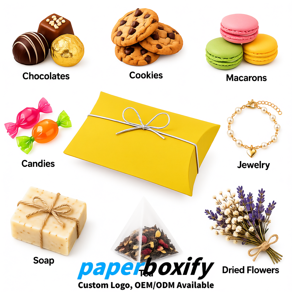 Bulk Yellow Kraft Pillow Gift Boxes with Ties 4.7x3x1 inch for Candy & Favors